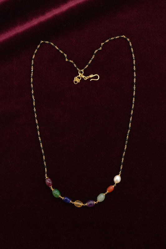 925 Silver Gold Plated Oval Navratna Chain 17 inch