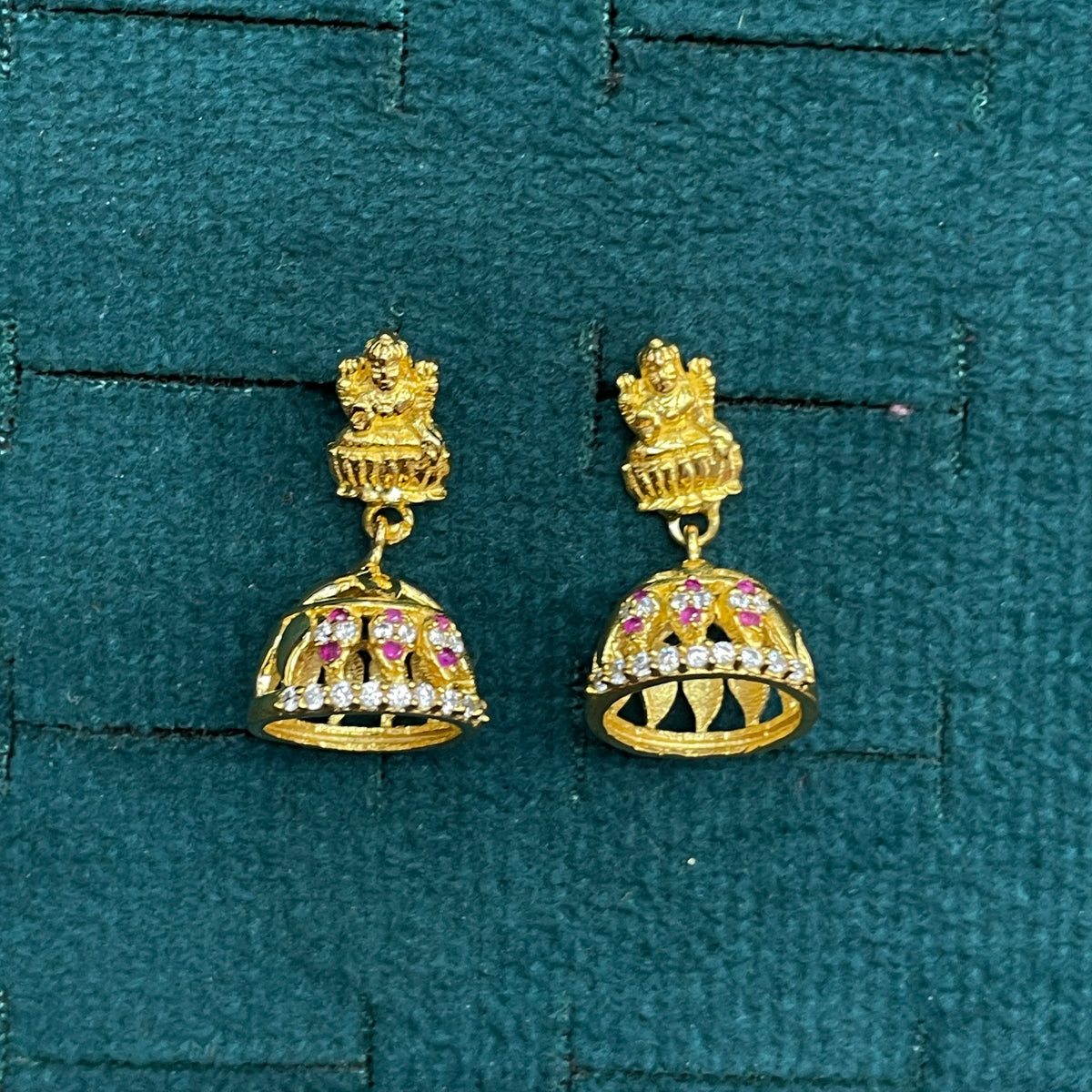 92.5 Sterling Silver Gold Plated Lakshmi Devi Ruby & White CZ Jhumka Earrings for Women