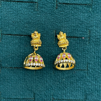 92.5 Sterling Silver Gold Plated Lakshmi Devi Ruby & White CZ Jhumka Earrings for Women