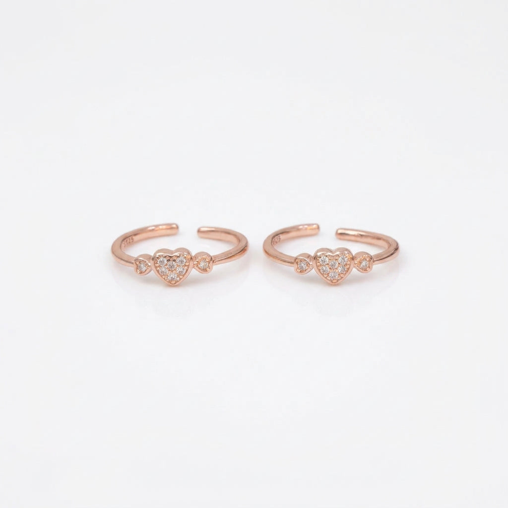 92.5 Silver Rose Gold Plated White CZ Triple Heart Toe Rings