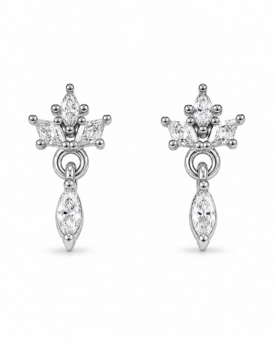 92.5 Sterling Silver Triple Marquise White CZ Crown Top with Marquise White CZ Drop Earrings for Women