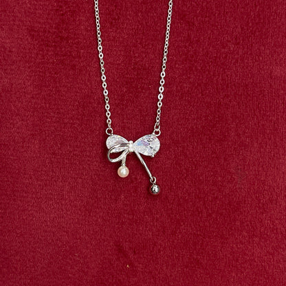 92.5 Silver Pave CZ Bow Pendant Necklace with Pearl & Silver Ball Drops for Women