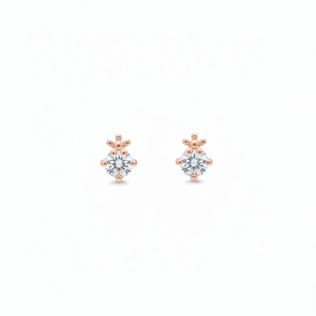 92.5 Sterling Silver Rose Gold Plated CZ Solitaire Crown Second Studs