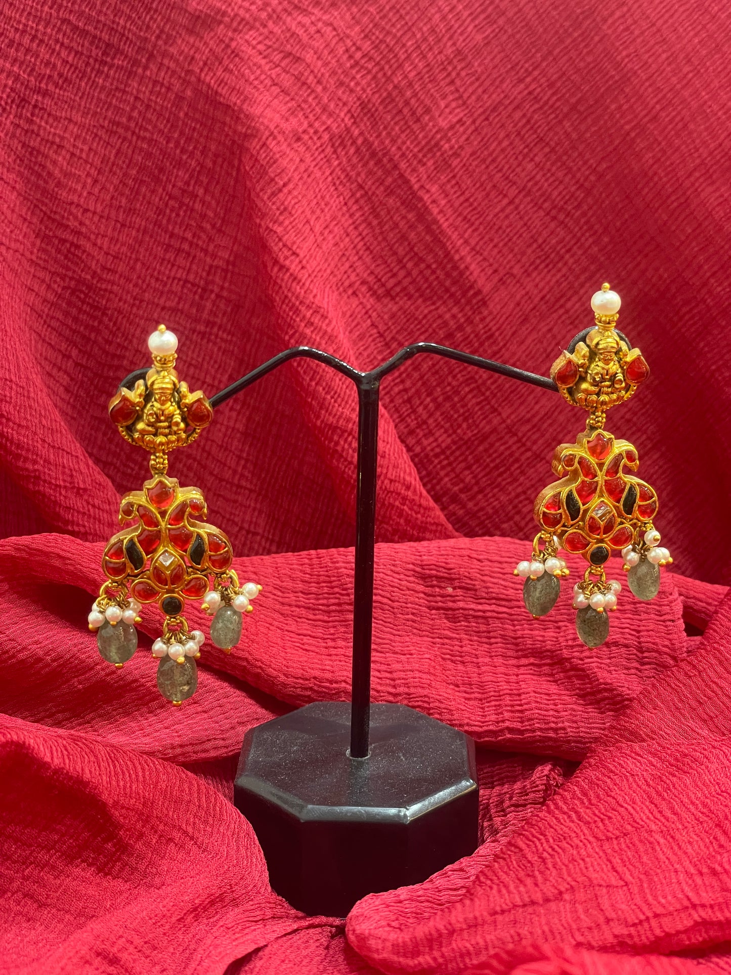 92.5 Silver Gold Plated Pink Stone Lakshmi Devi Jhumka Earrings for Women | Temple Design | Traditional Jewellery