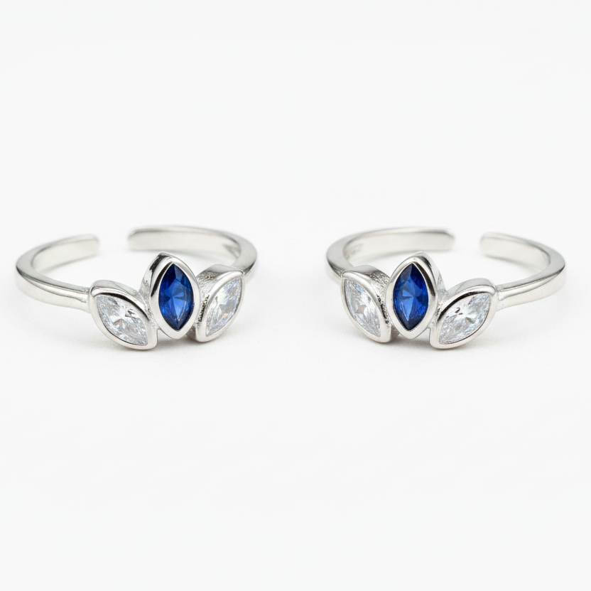 92.5 Sterling Silver Sapphire Blue & White CZ Marquise Three Leaf Open Toe Rings for Women — Pair
