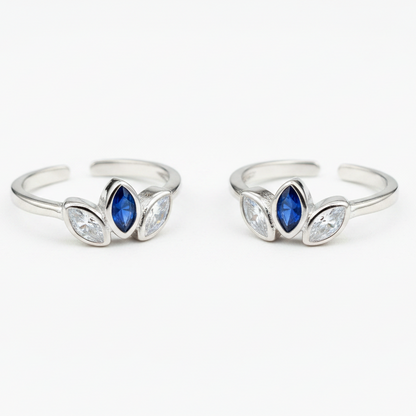 92.5 Sterling Silver Sapphire Blue & White CZ Marquise Three Leaf Open Toe Rings for Women — Pair