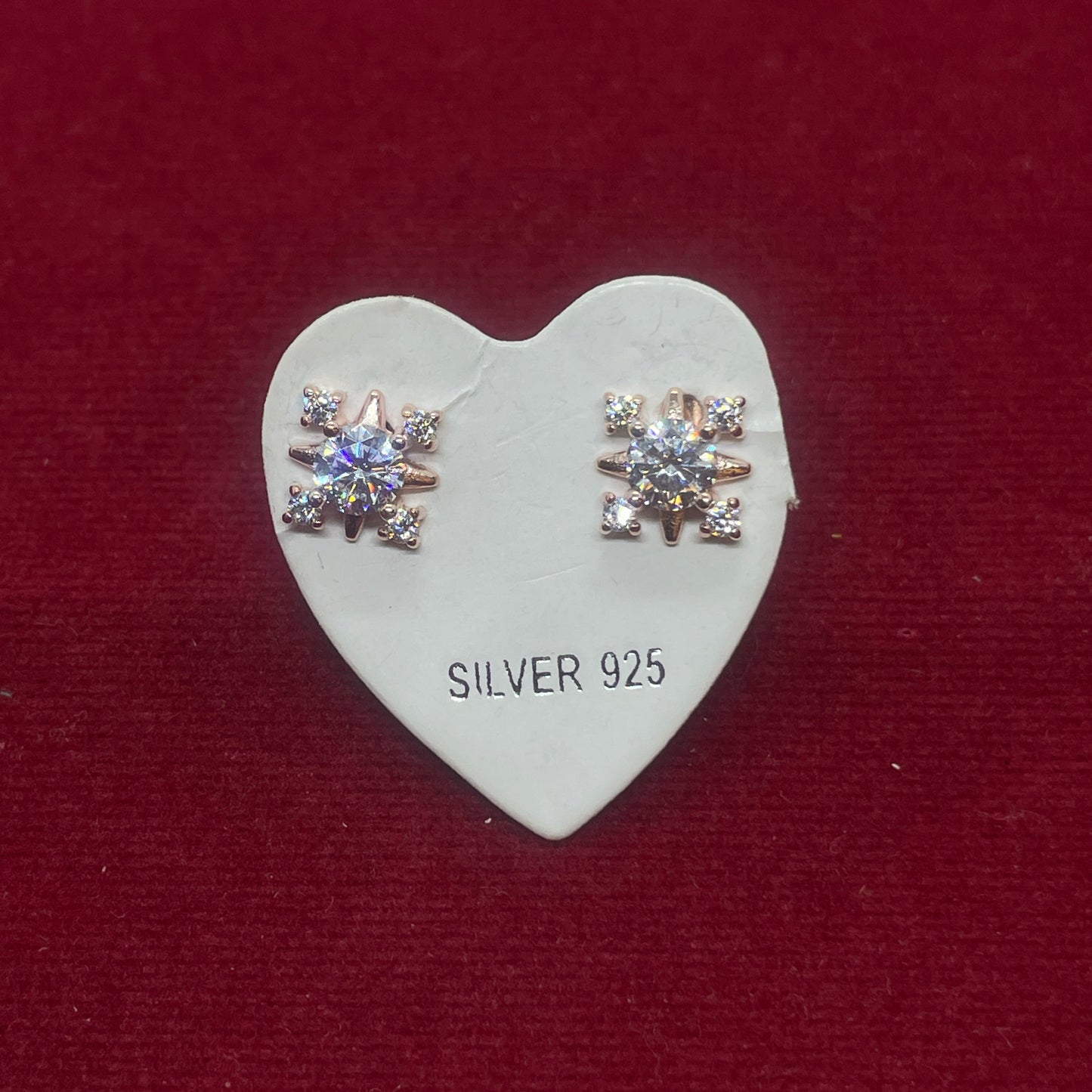Rose Gold Plated 92.5 Sterling Silver Eight-Point CZ Snowflake Stud Earrings for Women | Starburst CZ Second Studs | Second Piercing Earring Pair