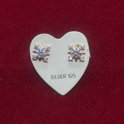 Rose Gold Plated 92.5 Sterling Silver Eight-Point CZ Snowflake Stud Earrings for Women | Starburst CZ Second Studs | Second Piercing Earring Pair
