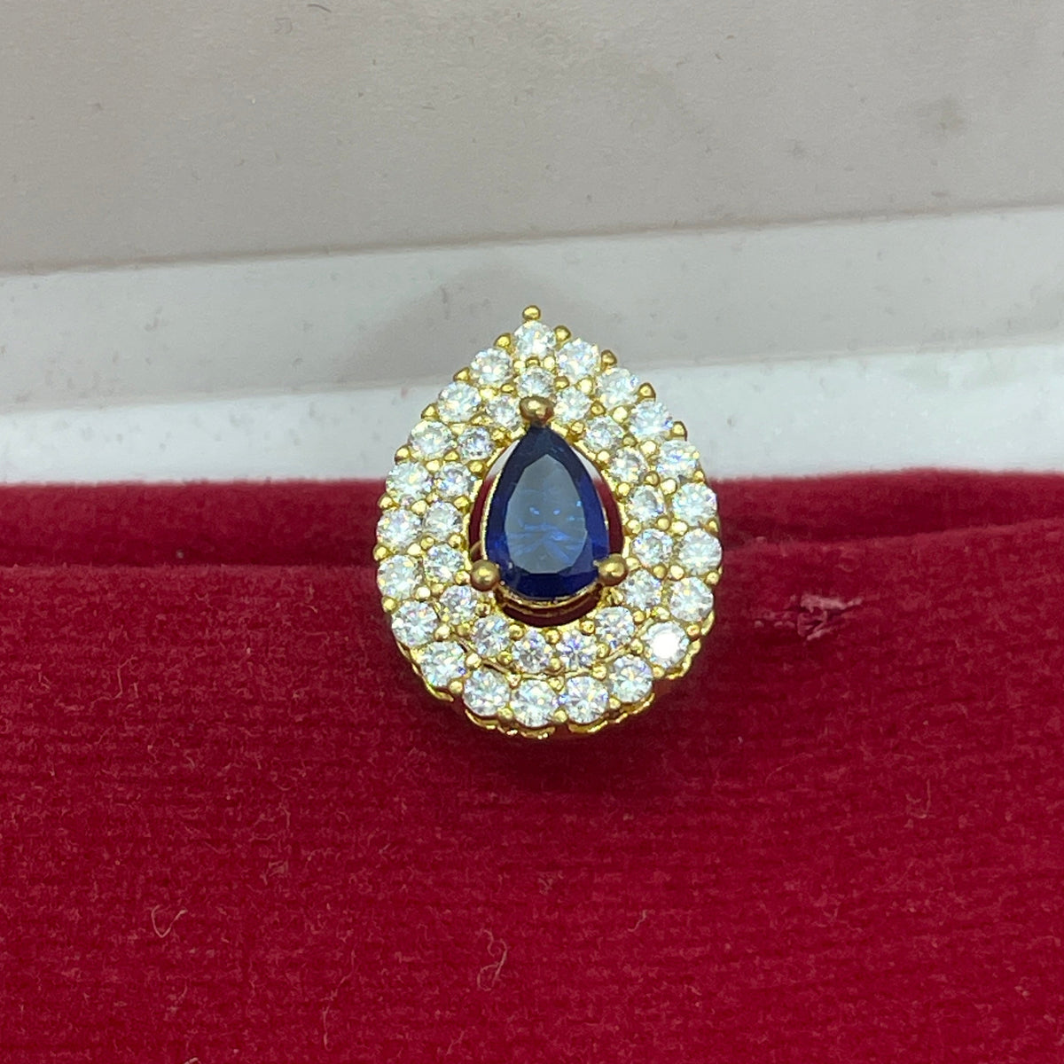 92.5 Sterling Silver Gold Plated Pear Cut Blue Sapphire CZ & Double Pave White CZ Halo Stud Earrings for Women