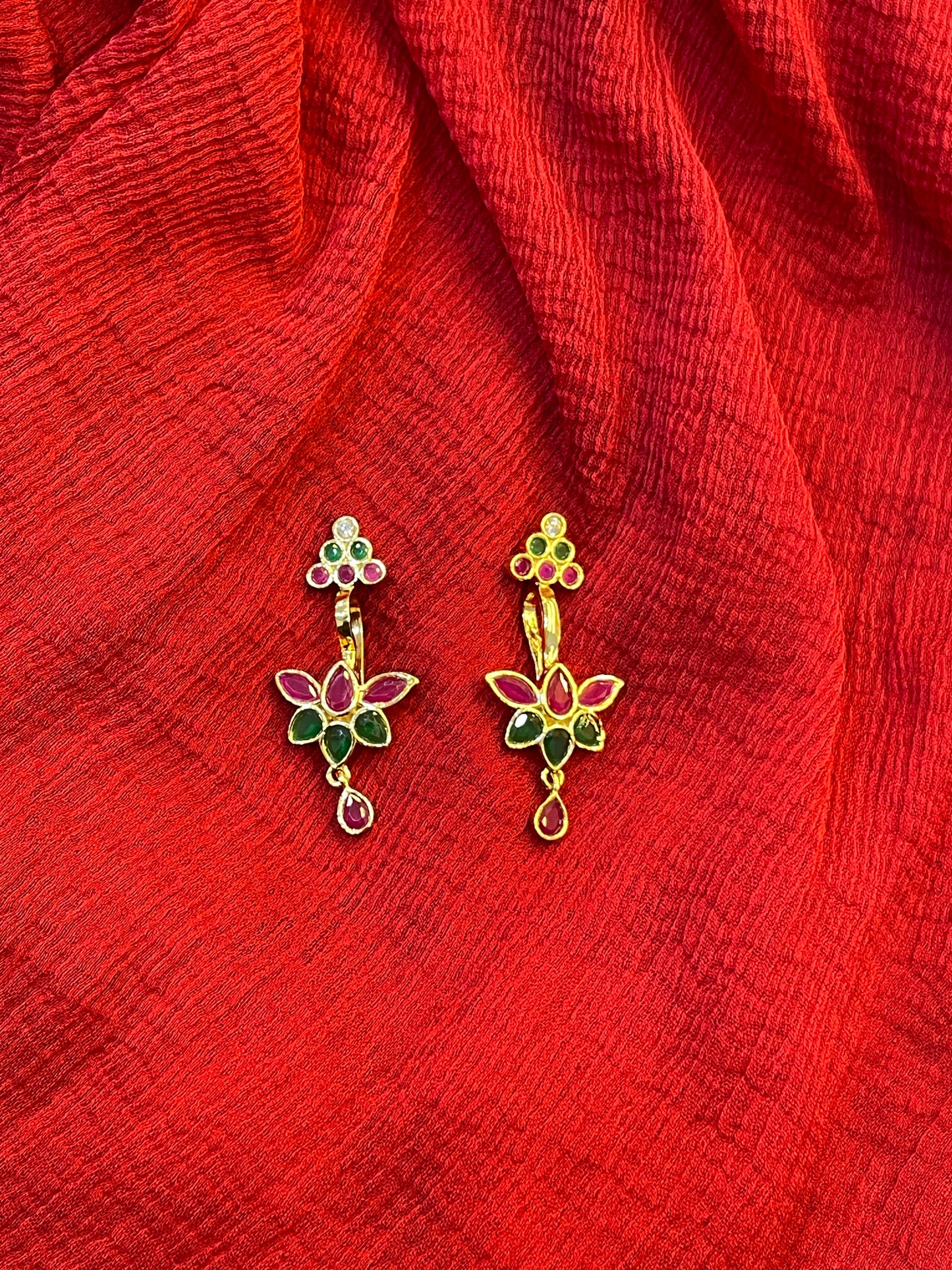 92.5 Silver Ruby Emerald Lotus Press-On Bugadi for Women | Temple Style Non-Piercing Ear Cuff | Traditional Jewellery