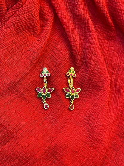 92.5 Silver Ruby Emerald Lotus Press-On Bugadi for Women | Temple Style Non-Piercing Ear Cuff | Traditional Jewellery