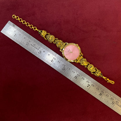 92.5 Silver Gold Plated Nakshi Pink Dial Watch for Women