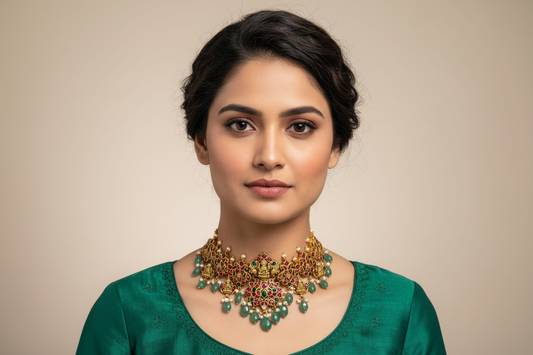 92.5 Silver Gold Plated Lakshmi Devi Design Necklace for Women – Traditional Temple Style