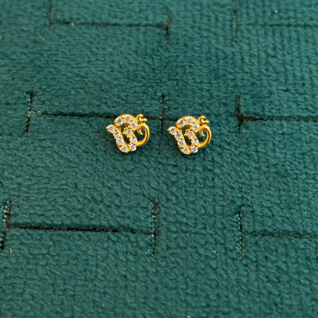 92.5 Silver Gold Plated White CZ Om Stud Earrings for Women