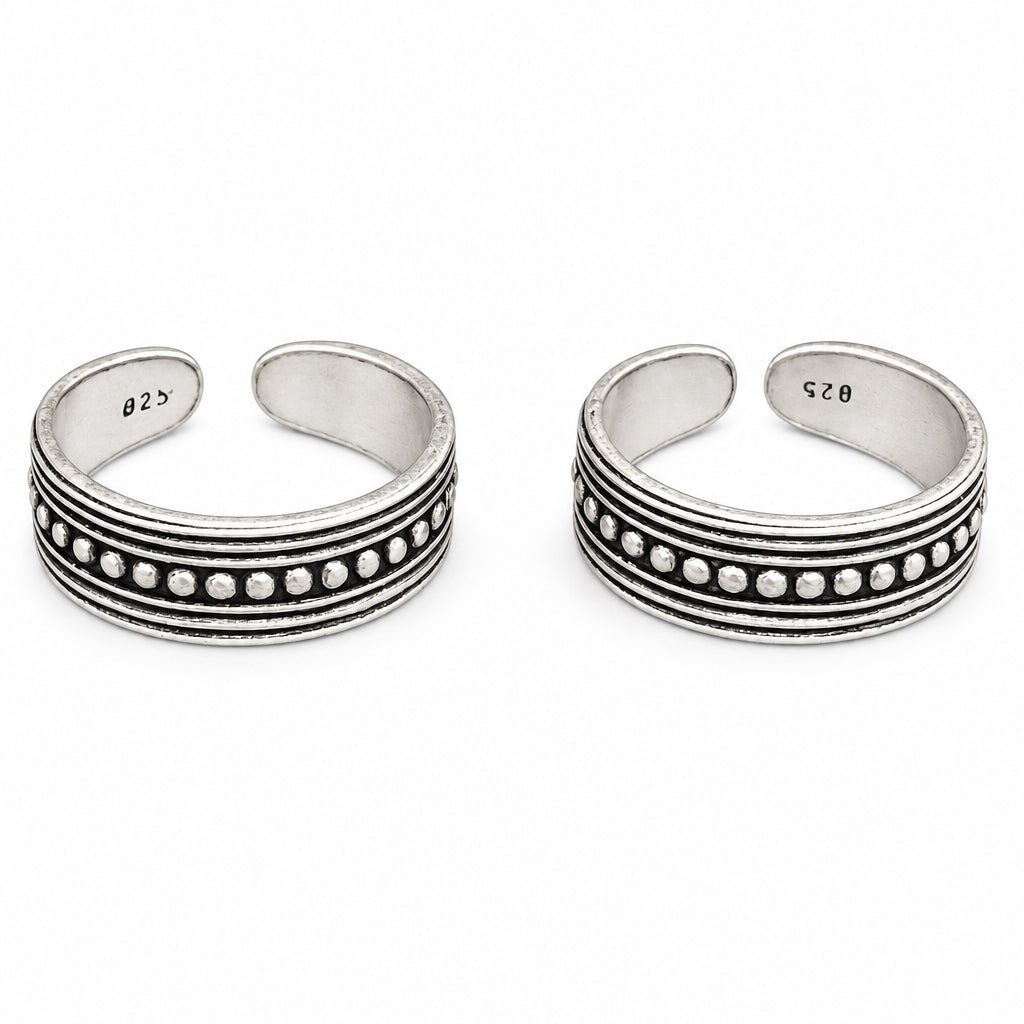 92.5 Silver Oxidised Adjustable Toe Rings for Women | Classic Beaded Design