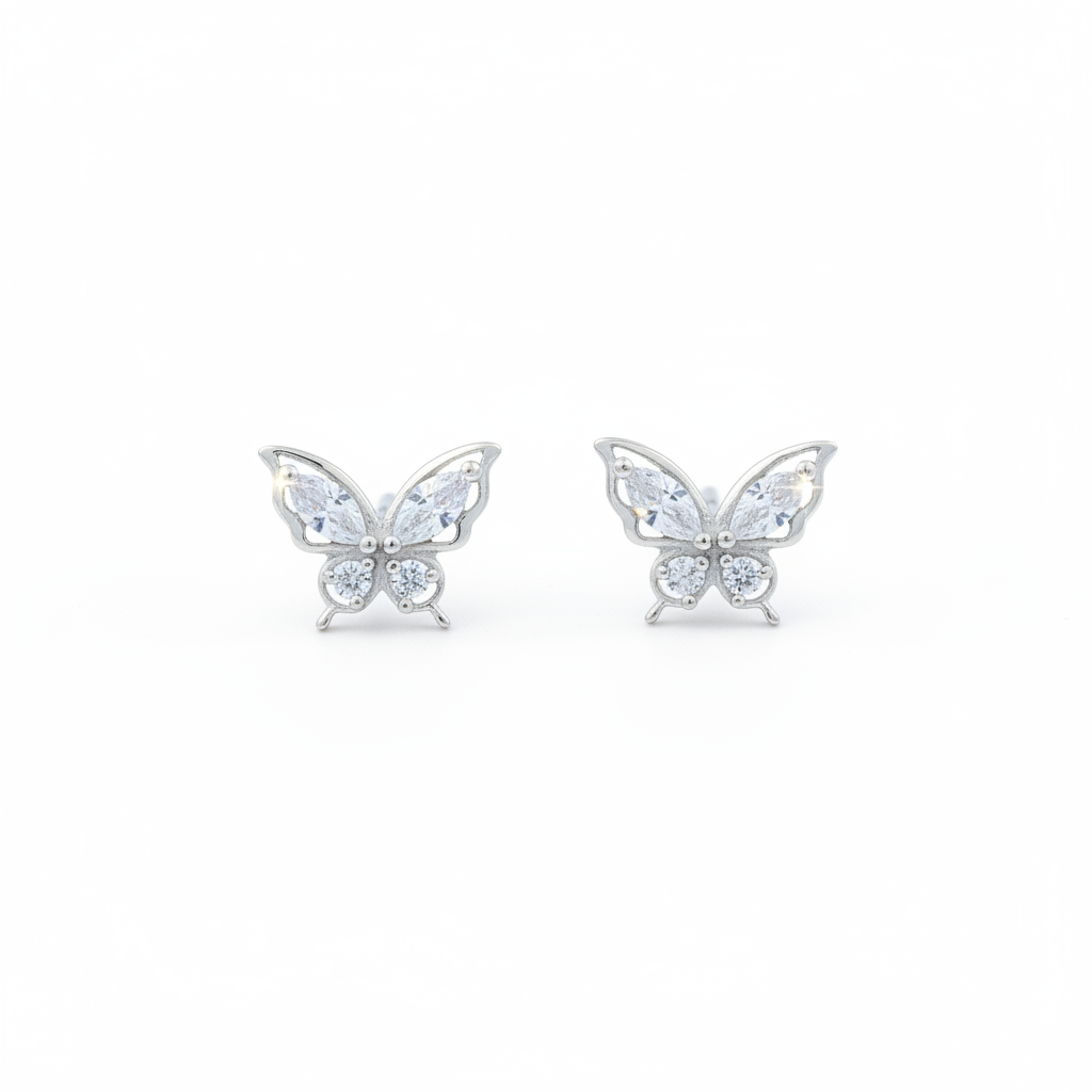 925 Silver Butterfly Stud Earrings | CZ Elegant Daily Wear Earrings with Ball Screw Back pair