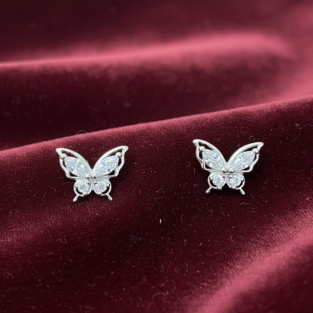925 Silver Butterfly Stud Earrings | CZ Elegant Daily Wear Earrings with Ball Screw Back