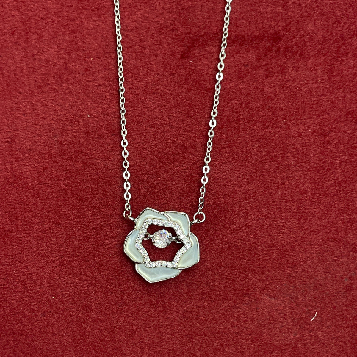 92.5 Silver MOP Rose & Solitaire CZ Pendant Necklace for Women
