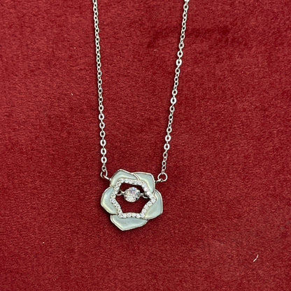 92.5 Silver MOP Rose & Solitaire CZ Pendant Necklace for Women
