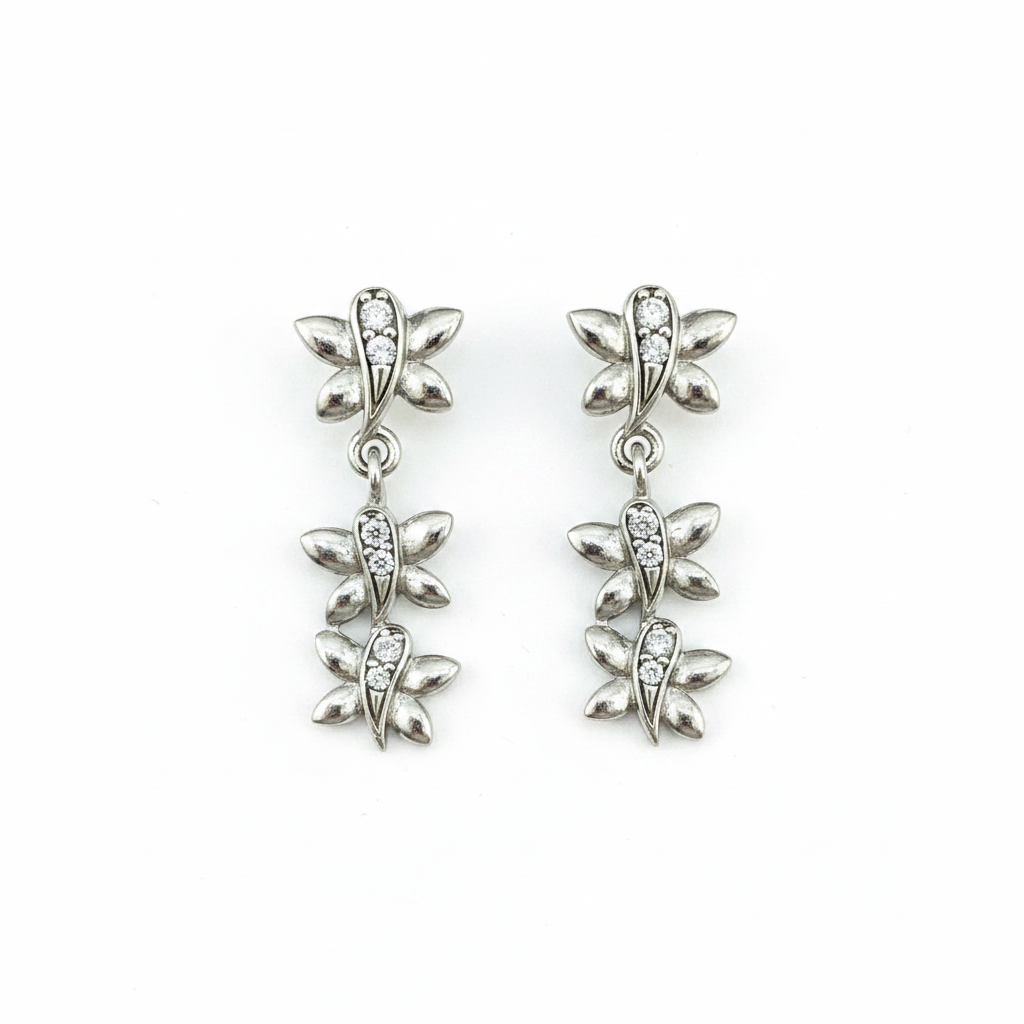 92.5 Sterling Silver CZ Leaf Spray Drop Earrings for Women pair