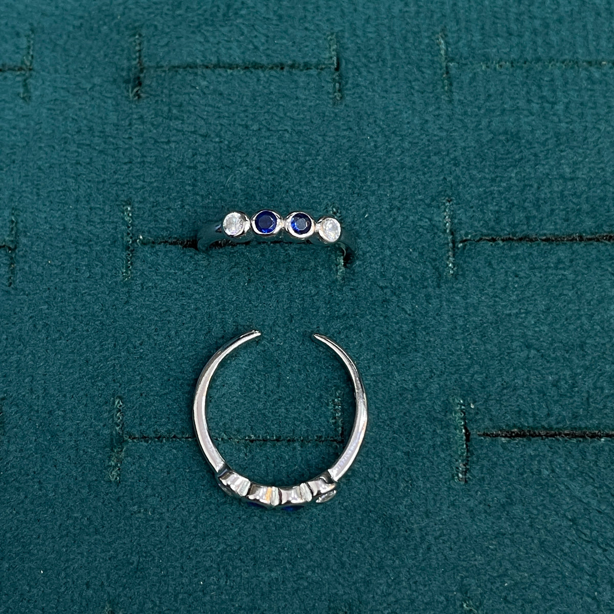 92.5 Sterling Silver Sapphire Blue & White CZ Four Stone Bezel Open Toe Rings for Women — Pair