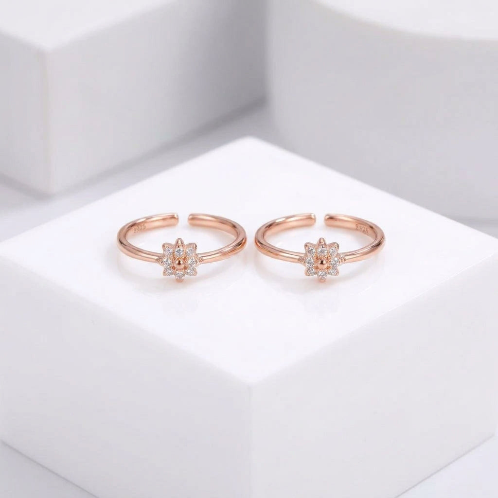 92.5 Silver Rose Gold Plated White CZ Blossom Toe Rings