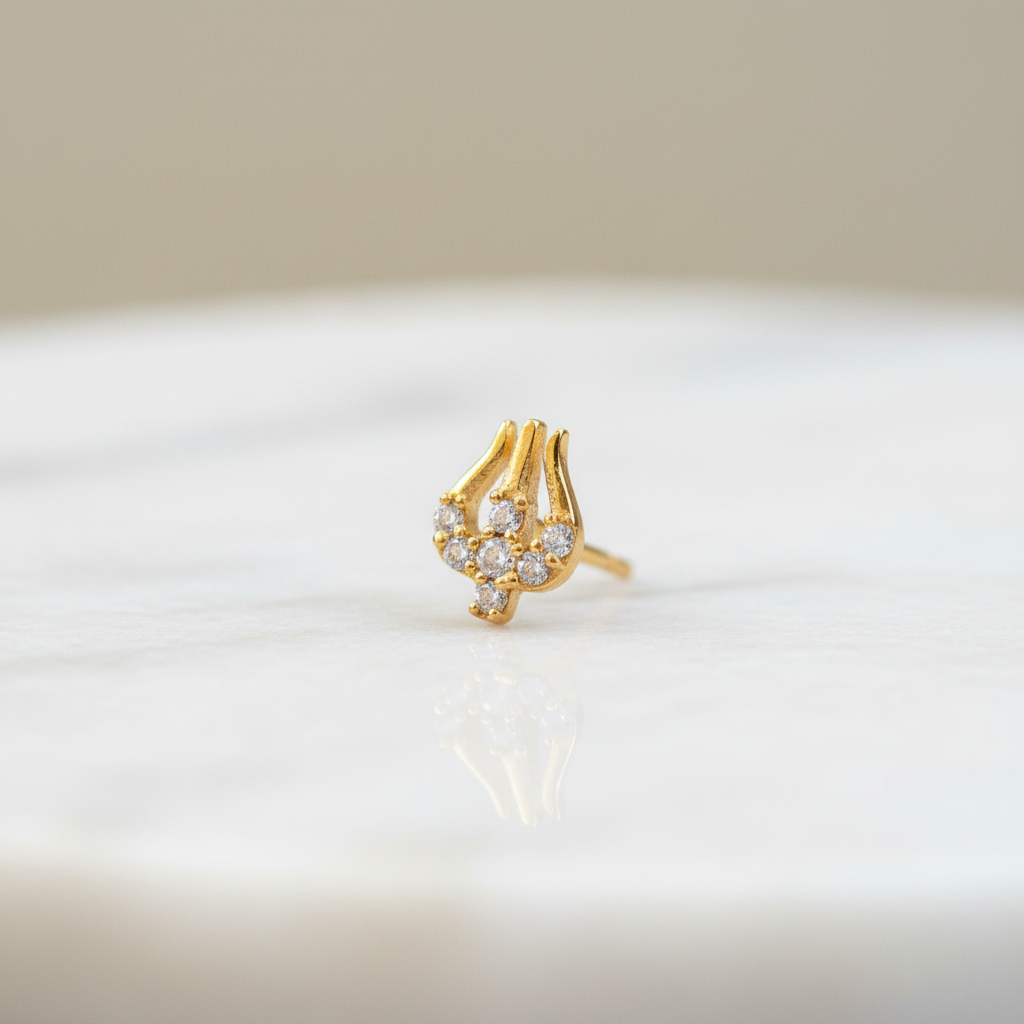 92.5 Sterling Silver Gold Plated CZ Trishul Nose Pin for Women