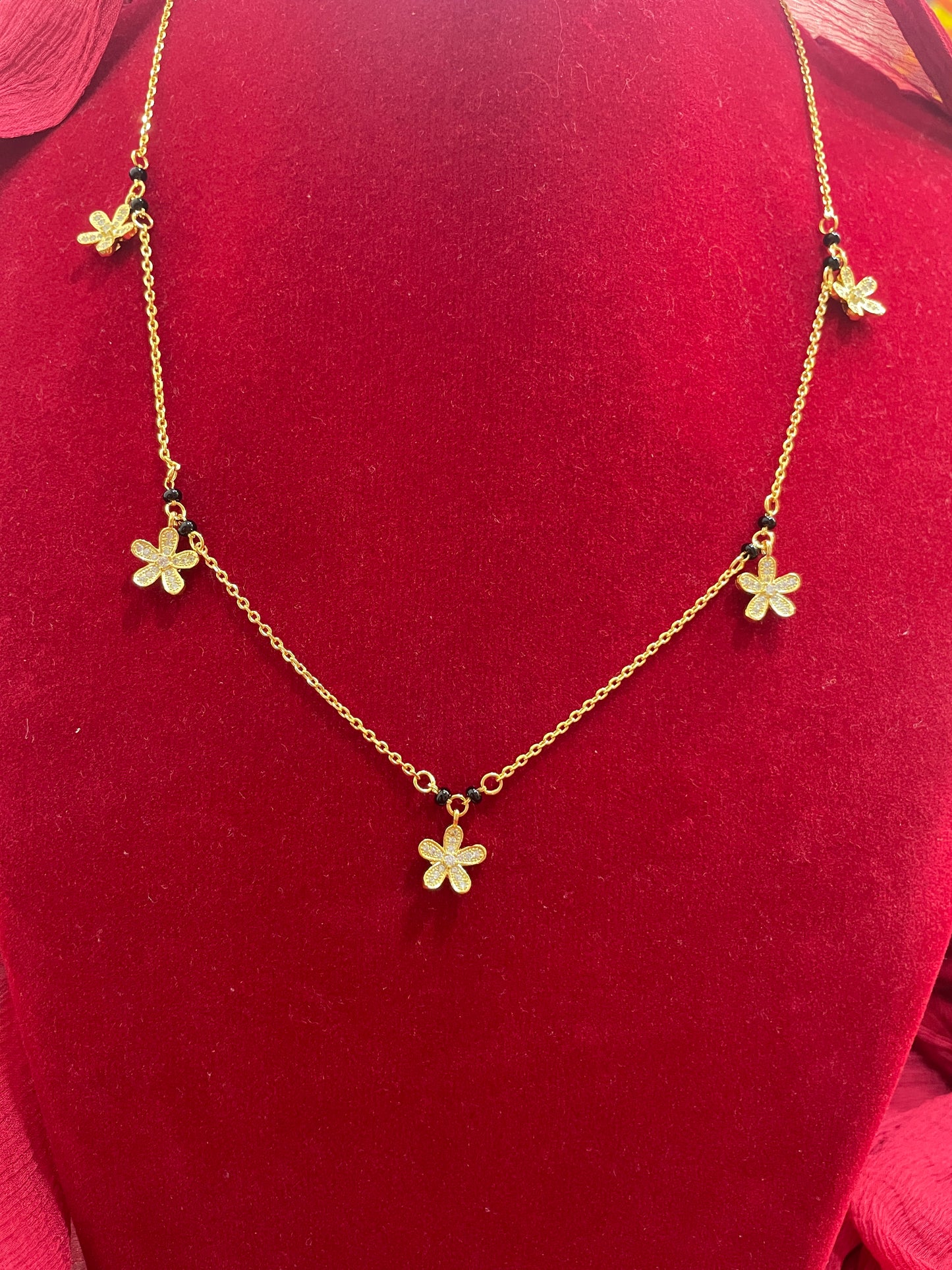 92.5 Silver Gold Plated Flower Charm Black Bead Chain for Women 19.5 Inches | Stylish Floral Design | Elegant Jewellery
