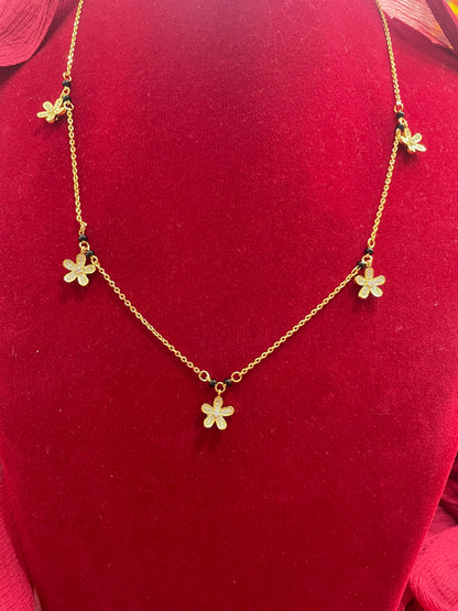 92.5 Silver Gold Plated Flower Charm Black Bead Chain for Women 19.5 Inches | Stylish Floral Design | Elegant Jewellery