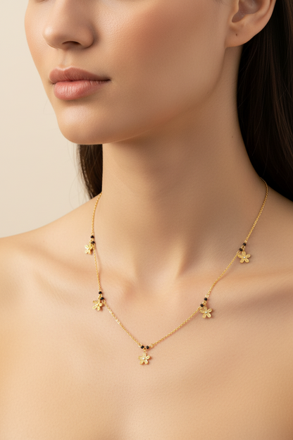 92.5 Silver Gold Plated Flower Charm Black Bead Chain for Women 19.5 Inches | Stylish Floral Design | Elegant Jewellery