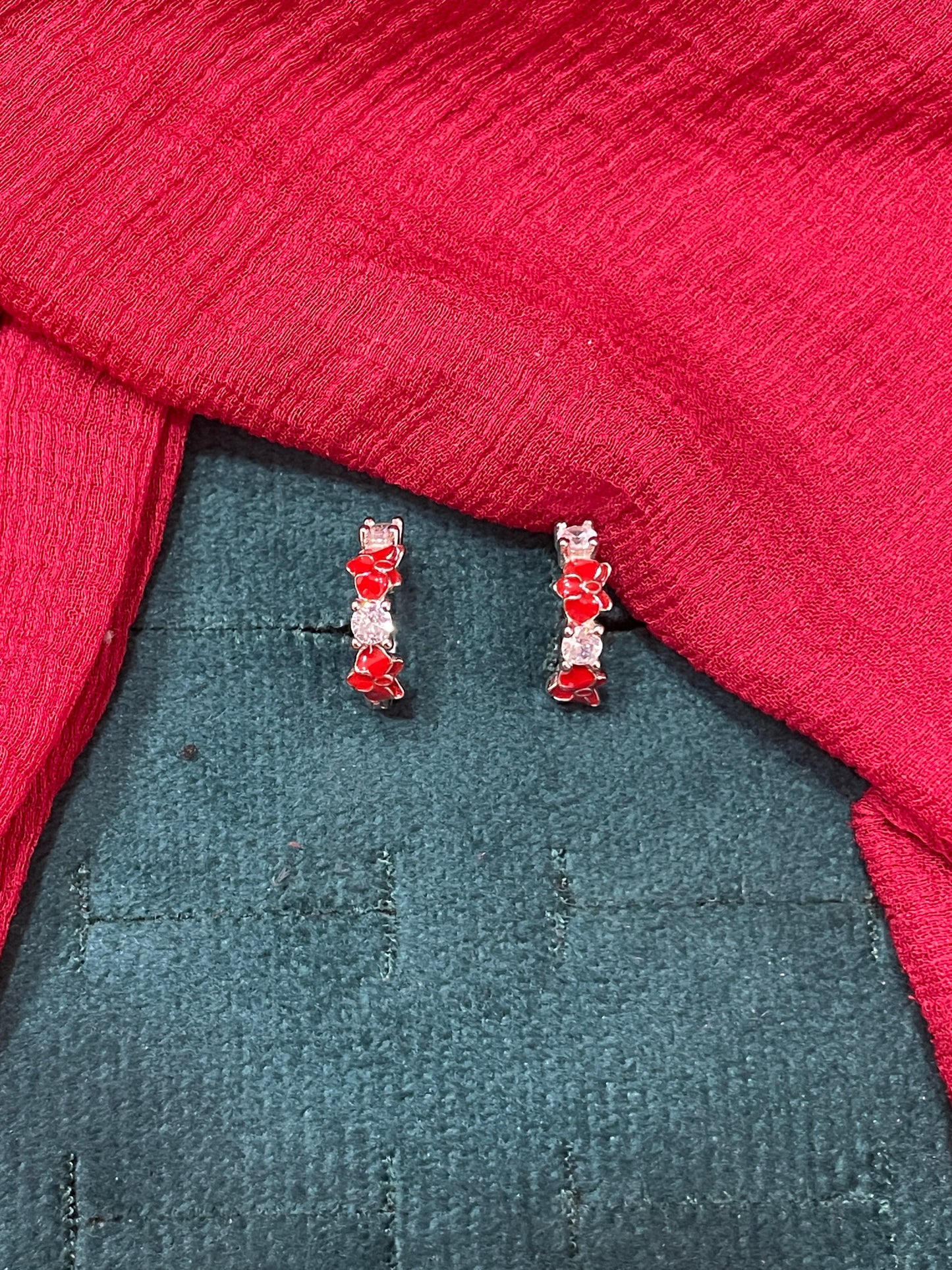 92.5 silver classy red flower bali earrings