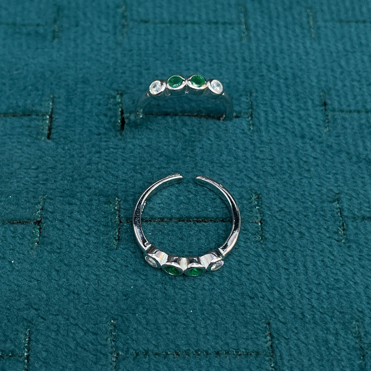 92.5 Sterling Silver Emerald Green & White CZ Four Stone Bezel Open Toe Rings for Women — Pair