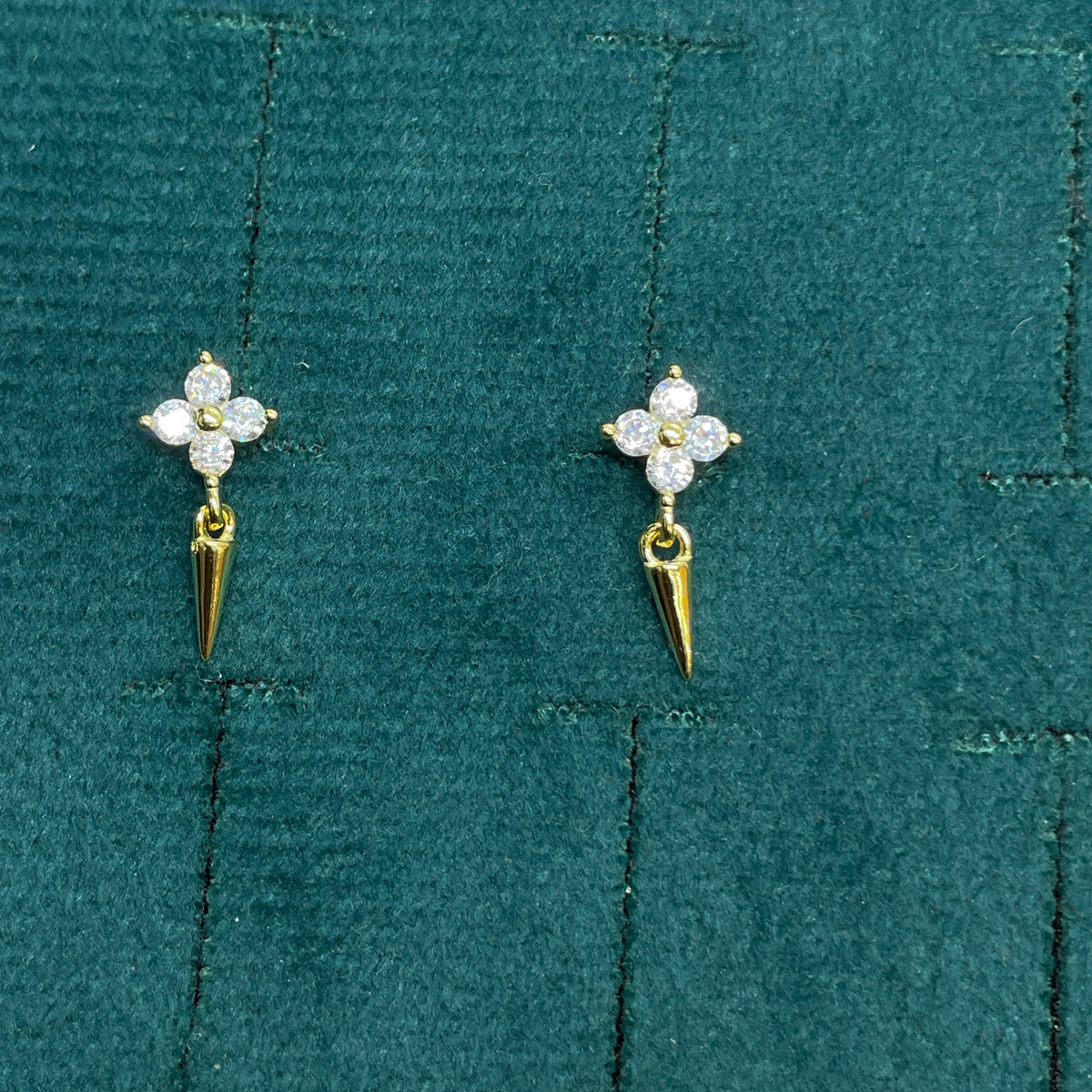 92.5 Sterling Silver Gold Plated White CZ Four-Petal Flower & Gold Spike Drop Earrings for Women