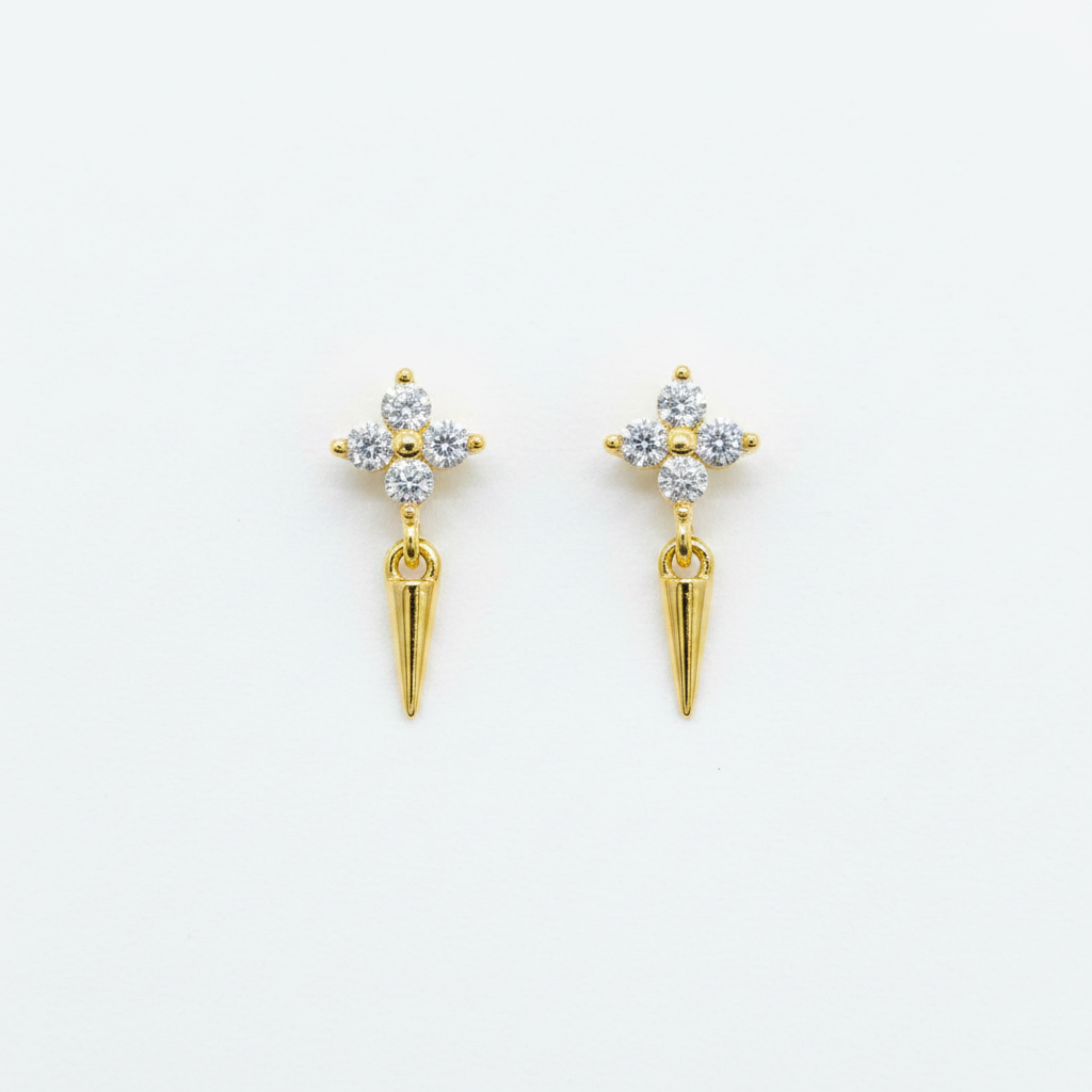 92.5 Sterling Silver Gold Plated White CZ Four-Petal Flower & Gold Spike Drop Earrings for Women