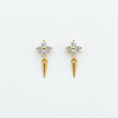 92.5 Sterling Silver Gold Plated White CZ Four-Petal Flower & Gold Spike Drop Earrings for Women