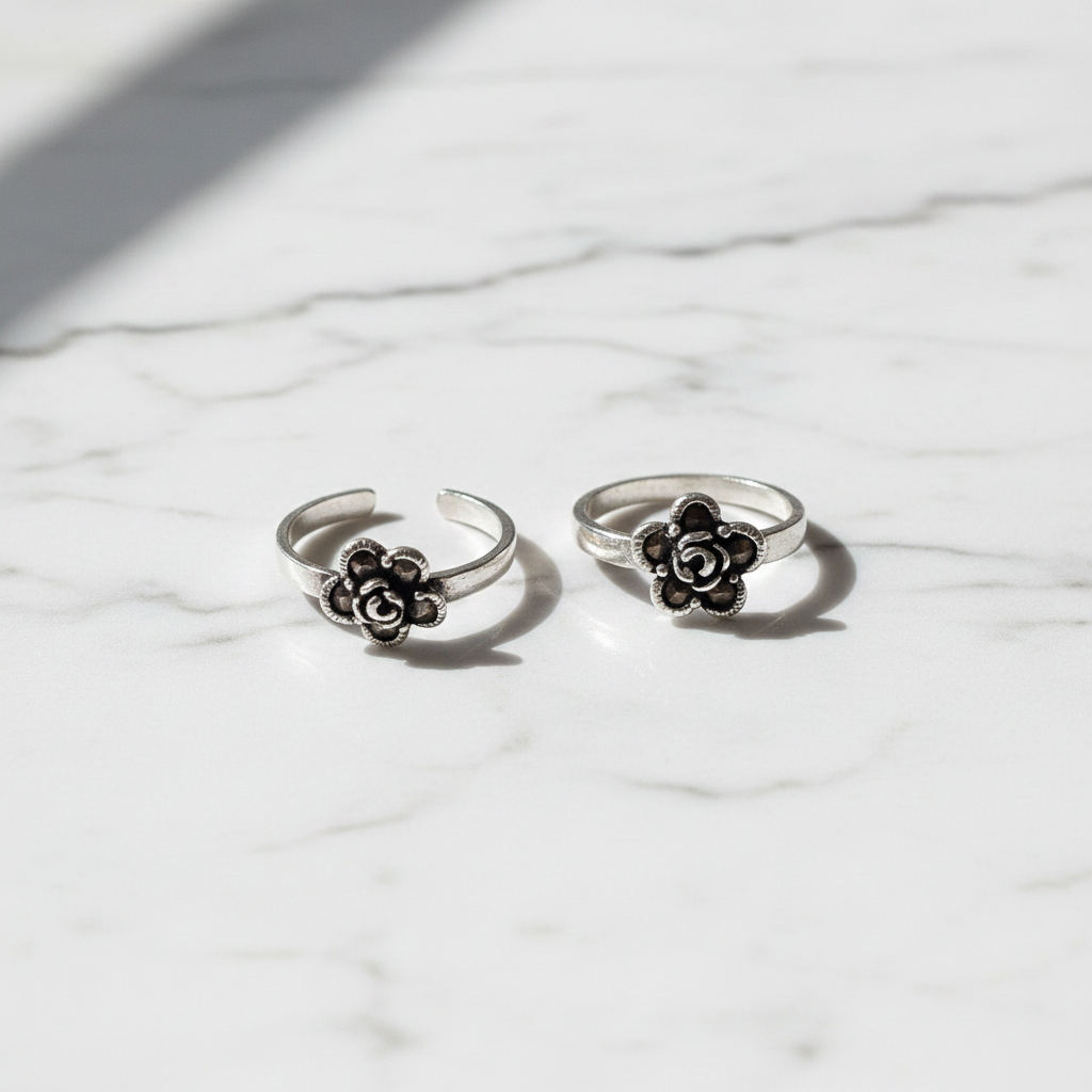 925 Sterling Silver Pyrite Rose Toe Rings for Women | Oxidised Floral Design