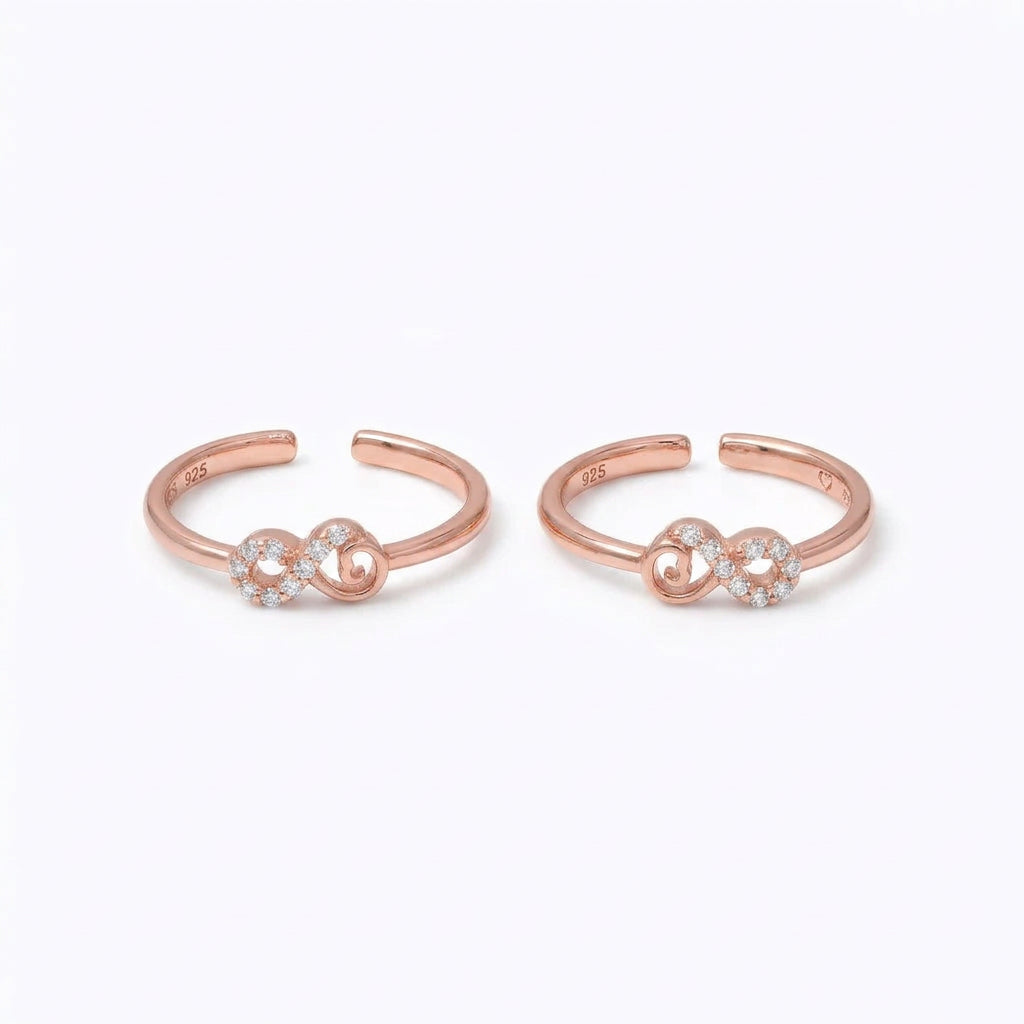 92.5 Silver Rose Gold Plated White CZ Infinity Scroll Toe Rings