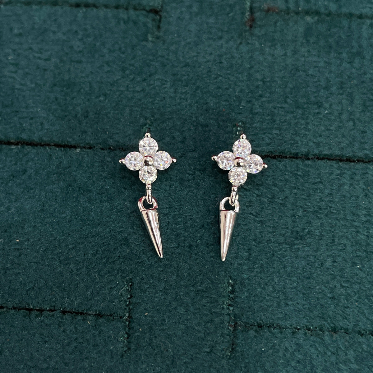 92.5 Sterling Silver Four-Petal Round White CZ Flower Cluster Stud with Cone Spike Drop Earrings for Women