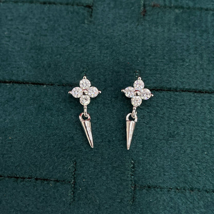 92.5 Sterling Silver Four-Petal Round White CZ Flower Cluster Stud with Cone Spike Drop Earrings for Women