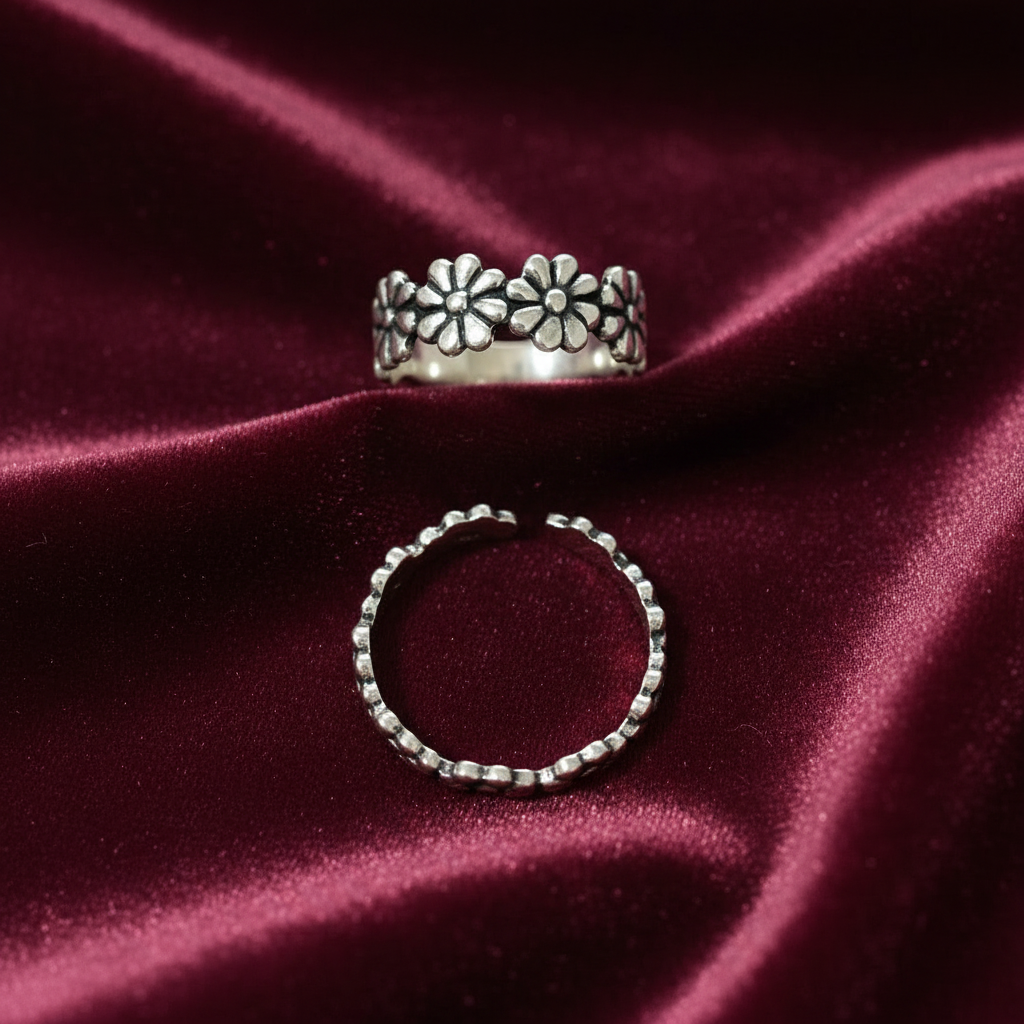 92.5 Silver Toe Rings for Women | Floral Oxidised Design | Traditional Jewellery