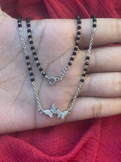 92.5 Silver Minimal Butterfly Black Bead Chain for Women 18.5 Inches | Stylish Nature-Inspired Design | Elegant Jewellery
