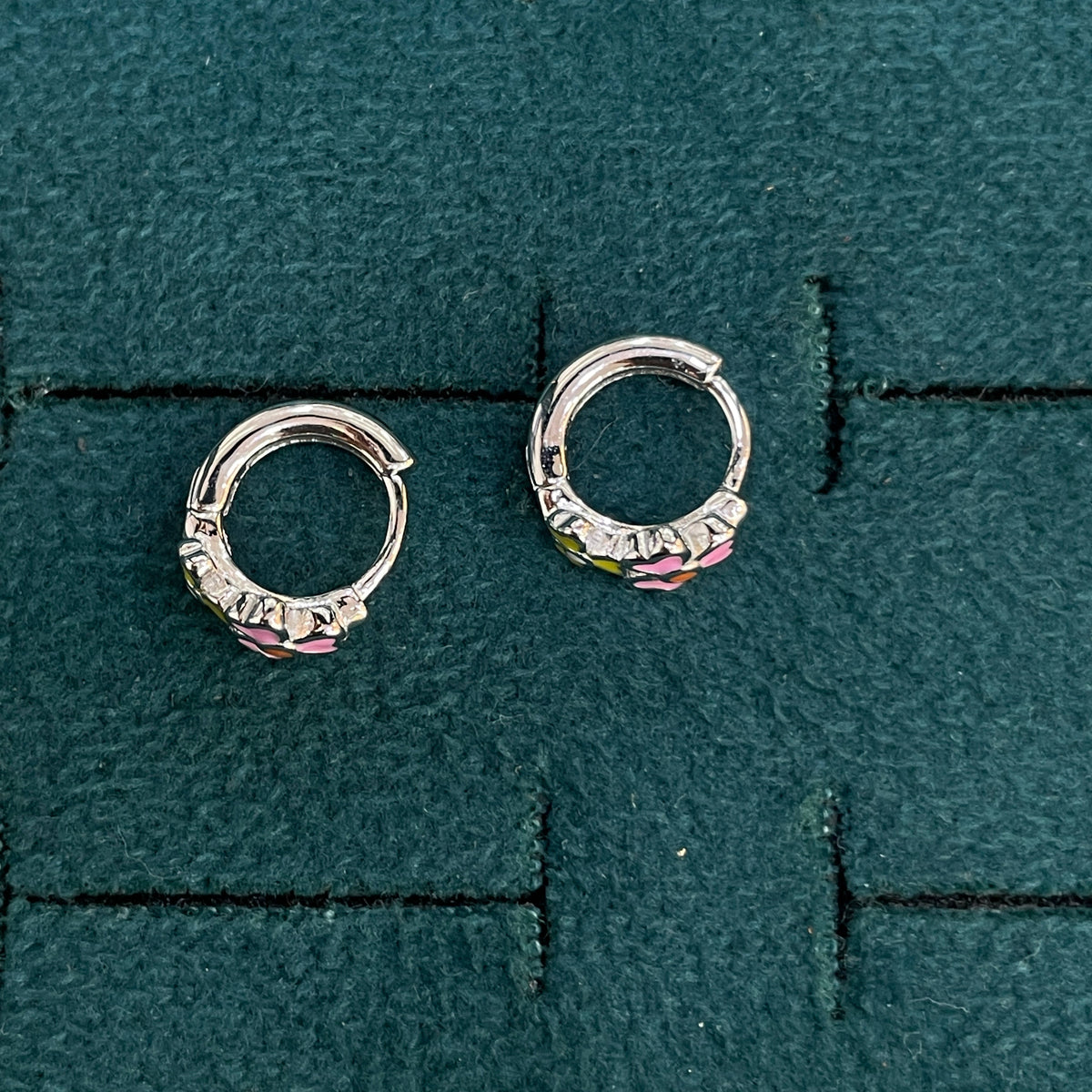 92.5 Silver Enamel Floral Huggie Hoop Earrings for Girls