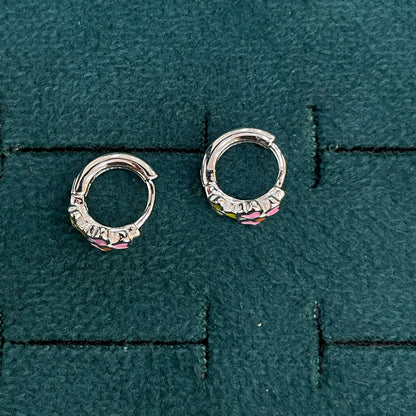 92.5 Silver Enamel Floral Huggie Hoop Earrings for Girls