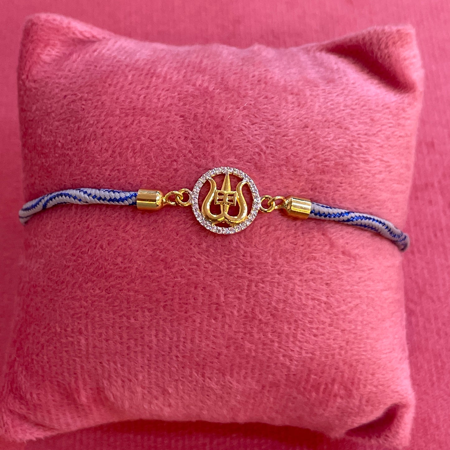 Silver Trishul Rakhi for Brother | Gold Plated CZ Charm with Blue Thread