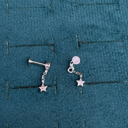 92.5 Sterling Silver Plain Crescent Moon Stud with Chain & Star Charm Drop Earrings for Women