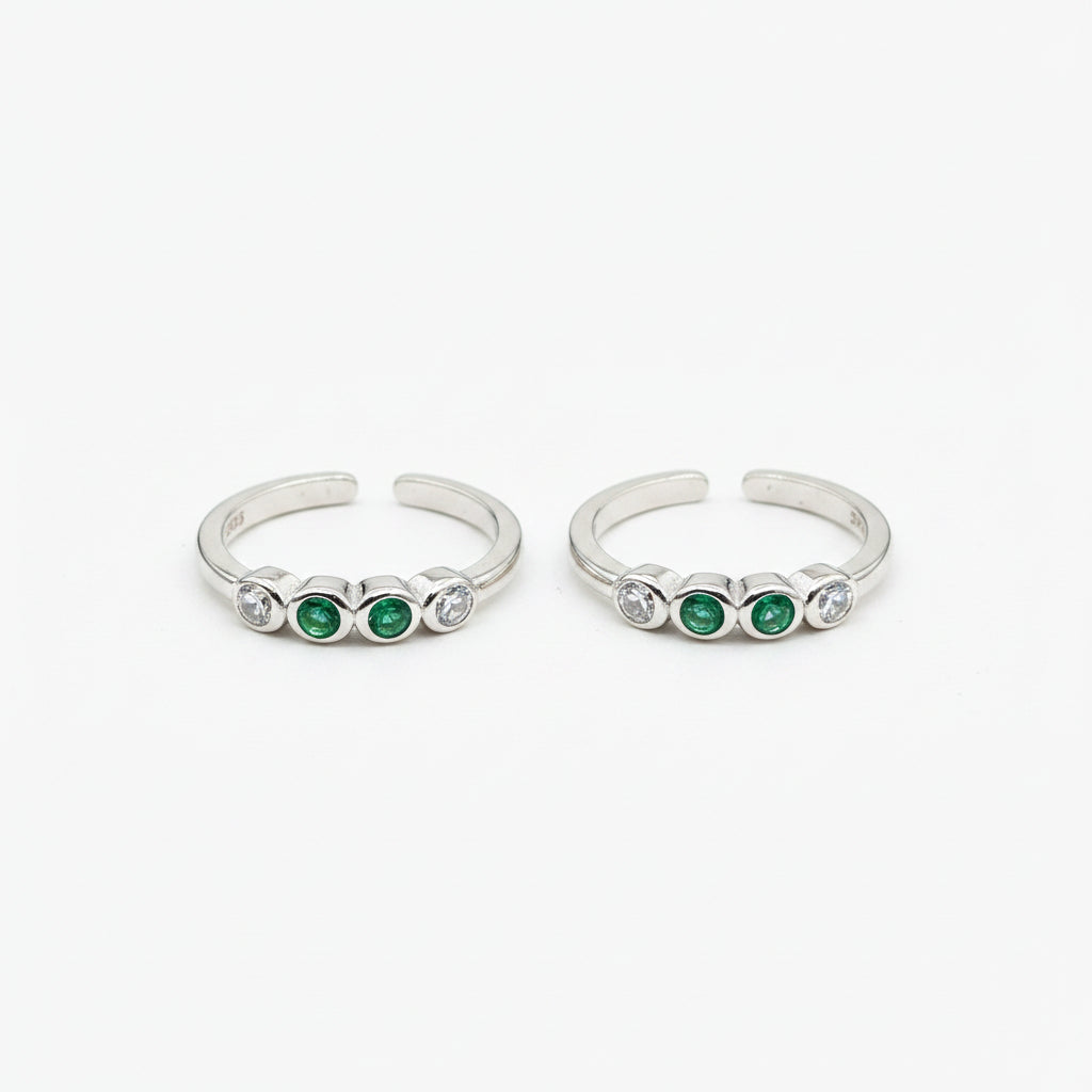 92.5 Sterling Silver Emerald Green & White CZ Four Stone Bezel Open Toe Rings for Women — Pair