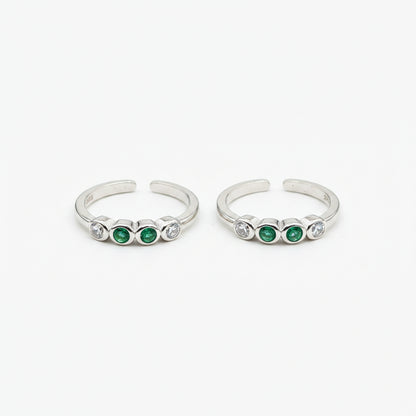 92.5 Sterling Silver Emerald Green & White CZ Four Stone Bezel Open Toe Rings for Women — Pair