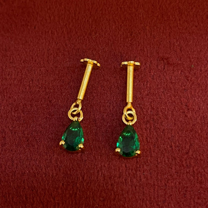 92.5 Silver Gold-Plated Bugadi for Women | Emerald Green Teardrop CZ Dangle on Bar Stud | Helix Earring pair
