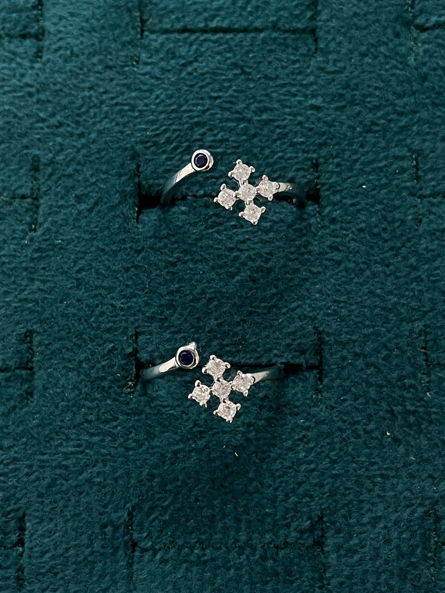 92.5 Silver 5 Stone Cross Cluster Adjustable Toe Rings for Women | Blue & White Stone Design