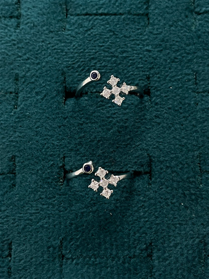 92.5 Silver 5 Stone Cross Cluster Adjustable Toe Rings for Women | Blue & White Stone Design